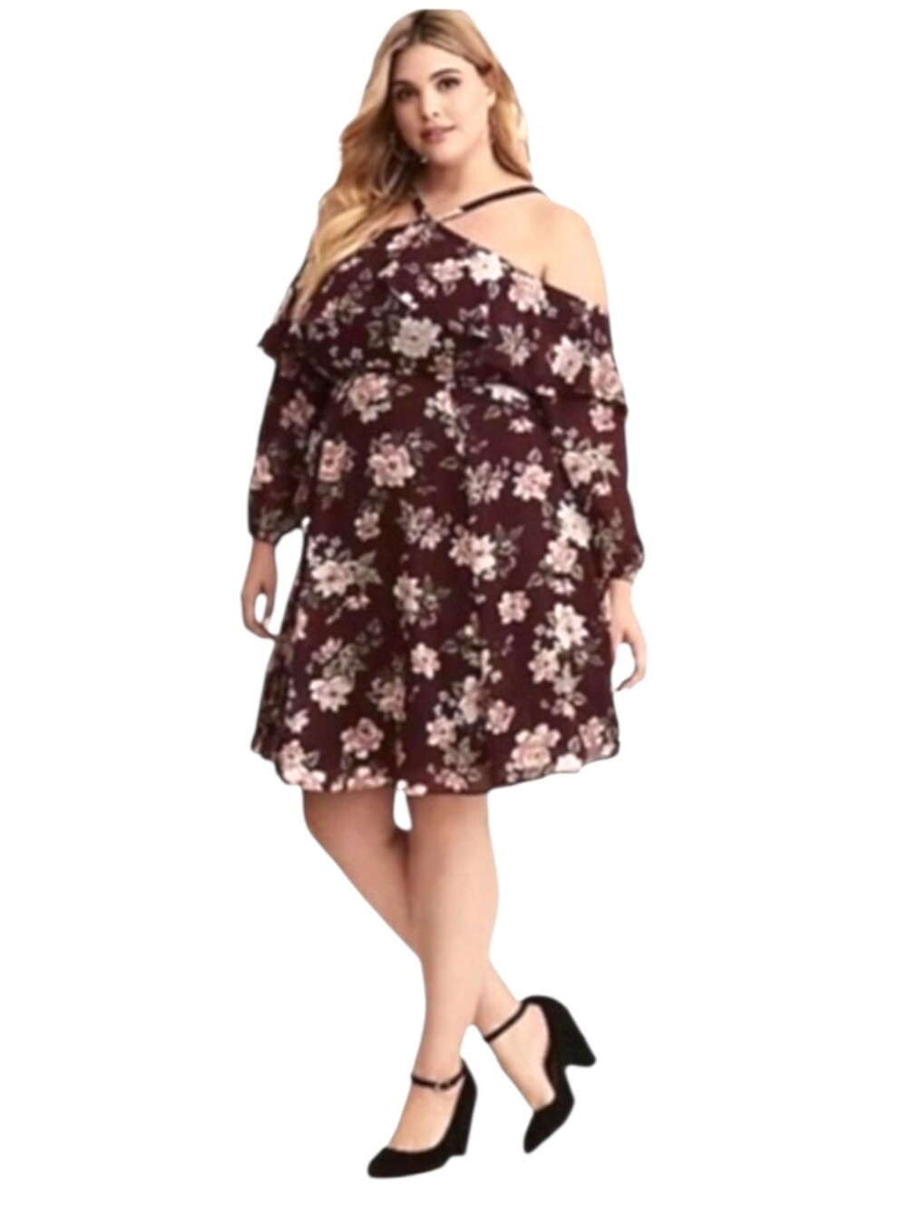 TORRID Wine Floral Chiffon Cold Shoulder Skater Dress Adj Straps Size 12